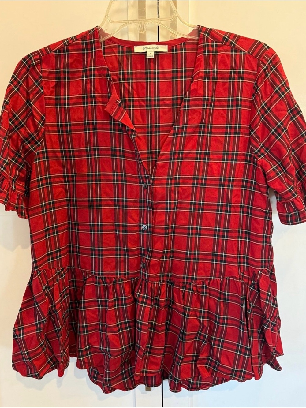 Madewell Red Plaid Peplum Button-Front